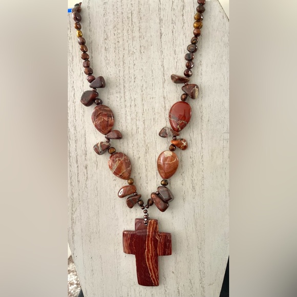 Red Jasper Necklace Natural Gemstones- AAA Nugget Bronze Color Freshwater Pearl - Picture 2 of 14